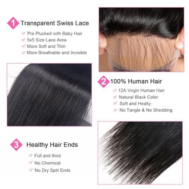 5x5 Transparent HD Lace Closure Silky Straight Human Hair Lace Closure Brazilian Virgin Remy Hair Invisible Lace Frontal Closure Pre Plucked Natural Black Color 16 Inch - Image 3