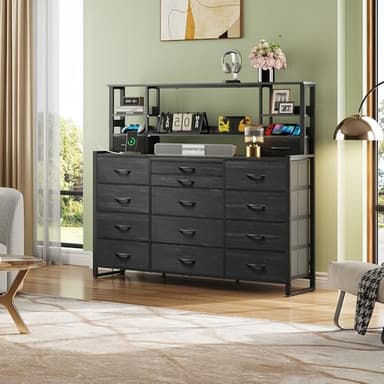 WLIVE Storage Organizer Unit with 15 Fabric Drawer & 5 Open Shelves, Tall Black Storage Drawers Organizer with Charging Station, Storage Tower Organizaton for Living Room, Hallway, Office - Image 2