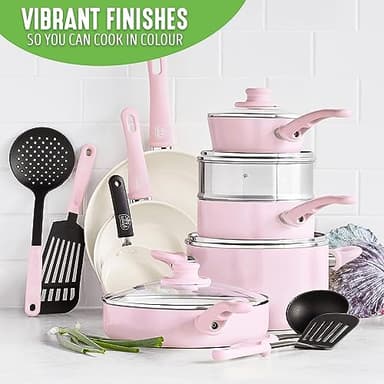 GreenLife 16 Piece Nonstick Cookware Set, Soft Grip Non-Toxic PFAS-Free Ceramic Pots & Pans, Dishwasher & Oven Safe, Frying, Sauce, Saute, Utensils, Glass Lids, Stay-Cool Handles, Wobble Free, Pink - Image 6