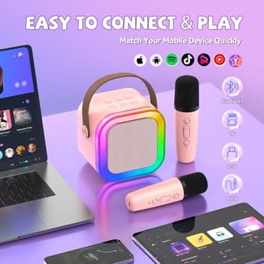 Mini Karaoke Machine for Kids Girls Boys - Birthday Gifts for Ages 4 5 6 7 8+ Year Old - 2025 New est - Portable Bluetooth Speaker with 2 Wireless Microphone - Kids' Instrument Accessories - Pink - Image 4