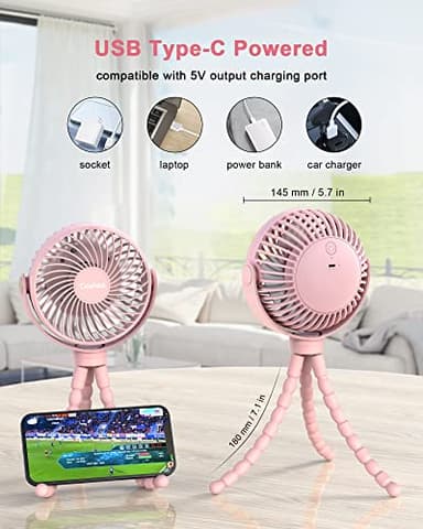 Coohea Stroller Fan Clip on for Baby, 4000mAh Rechargeable Battery Operated, Flexible Tripod, 3 Wind Speed, 360° Rotatable, Small Portable Fan for Car Seat Crib Backseat Beach Travel Camping, Pink - Image 6