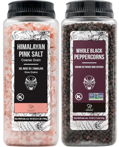 Soeos Himalayan Pink Salt 39 oz + Whole Black Peppercorns 18 oz, Coarse Grain, Kosher Salt for Grinder Refill, Salt and Pepper Grinder, Non-GMO Verified, Spice Seasoning Set for Cooking - Image 1
