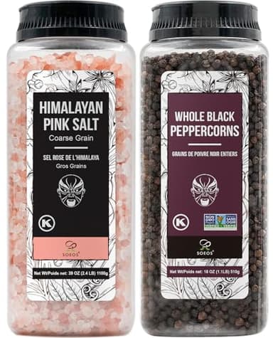 Soeos Himalayan Pink Salt 39 oz + Whole Black Peppercorns 18 oz, Coarse Grain, Kosher Salt for Grinder Refill, Salt and Pepper Grinder, Non-GMO Verified, Spice Seasoning Set for Cooking - Image 1