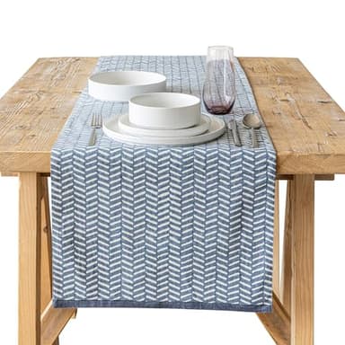 over&back 18x108 Printed Cotton Table Runner - Washable Table Runners for a Custom Home Decor Tablescape - Perfect for Coffee Table, Dinner Table, Living Room, and More - Blue Herringbone - Image 1