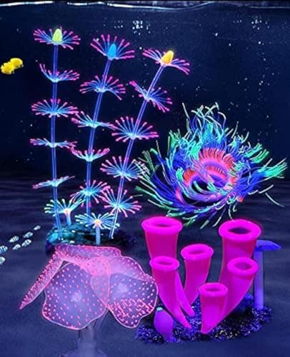 ZtohPyo 4 Pieces Aquarium Fish Tank Decorations with Glowing Effect, Silicone Glow Artificial Ornament Coral Reef Plants for Aquarium Decoration Small and Large Fish Bowl Decor Accessories - Image 1