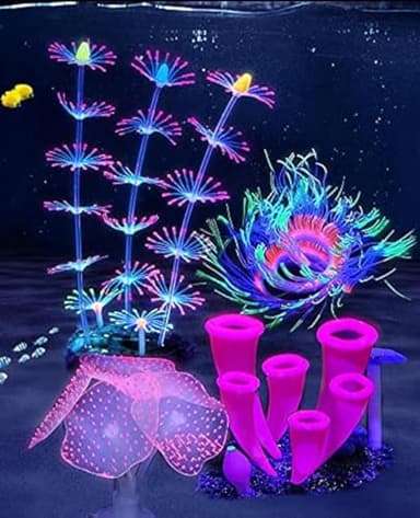 ZtohPyo 4 Pieces Aquarium Fish Tank Decorations with Glowing Effect, Silicone Glow Artificial Ornament Coral Reef Plants for Aquarium Decoration Small and Large Fish Bowl Decor Accessories - Image 1