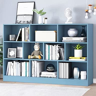 IOTXY Open Shelf Low Bookcase - Wooden 3-Tier Floor Standing Display Cabinet Organizer with Base, 10 Cubes Short Horizontal Bookshelf in Bright Blue - Image 1
