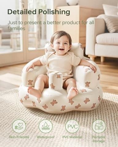 Babygreat Inflatable Baby Seat for 3-36 Months, Portable Blow Up Support Seat with Built-in Air Pump, Learning to Sit & Feeding Chair for Infants & Toddlers (Bear) - Image 6