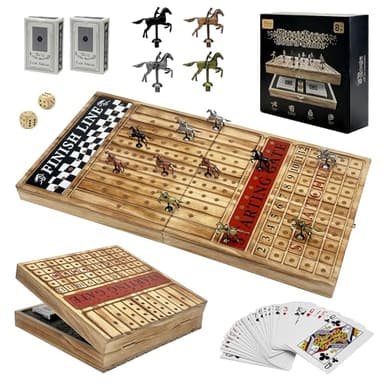 Large 23 inches Horse Racing Board Game with 11 Luxury Metal Horses, Foldable Wood Horse Race Board Game with 2 Sets of Dice, 2 Boxes of Cards for Parties and Gambling - Image 1