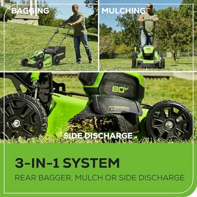 Greenworks 80V 21” Brushless (Push) Cordless Electric Lawn Mower + (500 CFM) Axial Leaf Blower + 13” String Trimmer (75+ Compatible Tools), (2) 2.0Ah Batteries and 30 Minute Rapid Charger - Image 8