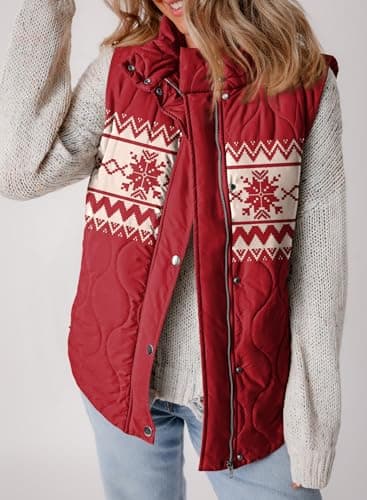 EVALESS Womens Fashion Cropped Christmas Puffer Vest Fall 2025 Lightweight Quilted Stand Collar Sleeveless Button Down Jackets Winter Warm Coat Outerwear Gilet with Pockets Red X-Large - Image 6