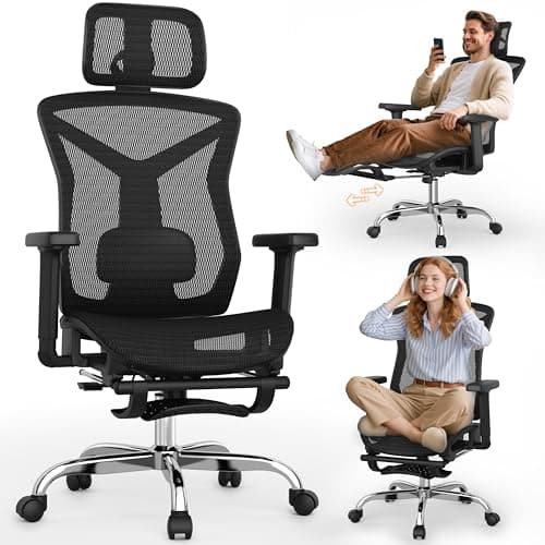 Ergonomic Office Chair with Foot Rest, Home Mesh Desk Chair with Adjustable Lumbar Support, 3D Armrest, 3D Headrest, 90°-135° Lockable Reclining Function, Comfy High Back Swivel Computer Gaming Chairs - Image 1