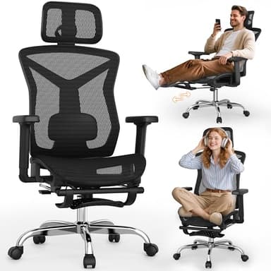 Ergonomic Office Chair with Foot Rest, Home Mesh Desk Chair with Adjustable Lumbar Support, 3D Armrest, 3D Headrest, 90°-135° Lockable Reclining Function, Comfy High Back Swivel Computer Gaming Chairs - Image 1