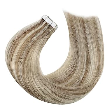 Moresoo Tape in Human Hair Extensions 20 Inch Highlighted Hair Extensions Tape in Light Brown Highlighted with Blonde Glue in Extensions Invisible Glue in Extensions Real Hair #P9A/60 20pcs 50g - Image 8