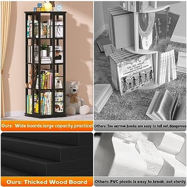 Aheaplus Rotating Bookshelf, 360 Display Wood Spinning Bookshelf, Floor Standing Bookcase Narrow Shelf Revolving Organizer Storage Rack for Small Space, Bedroom, Study Room, Black - Image 7