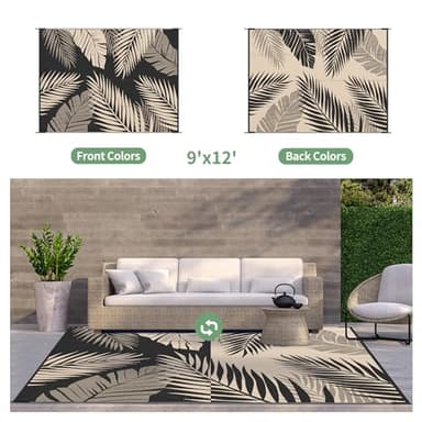 GENIMO Outdoor Rug 9' x 12' Waterproof for Patios Clearance, Reversible Outdoor Plastic Straw Camping Rug Carpet, Large Area Rugs Mats for RV, Camper, Deck, Balcony, Porch, Beach, Picnic, Black&Beige - Image 2