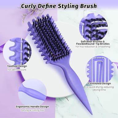 Curly Hair Brush Defining, Vented Curl Defining Brush for Effortlessly Detangling Shaping and Styling Women's Men's Curls on All Wet or Dry Hair Types, Reduces Frizz (Purple) - Image 2