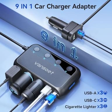 9 in 1 Cigarette Lighter Splitter: vansoet 158w 3 Socket Cigarette Lighter Adapter with Dual PD30W and QC3.0 DC Cigarette Outlet Car Charger Independent Switches, LED Voltmeter, Plug Outlet 12V/24V - Image 3