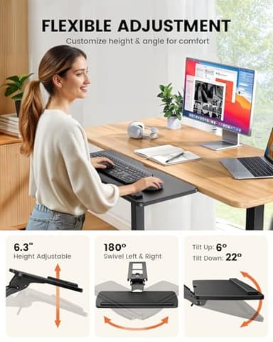 ErGear Keyboard Tray Under Desk, Height Adjustable Mouse & Keyboard Tray with Swivel & Tilt, Ergonomic Sliding KeyboardTray Slide Out for Typing, Black, 25"W x 9.8"D - Image 3