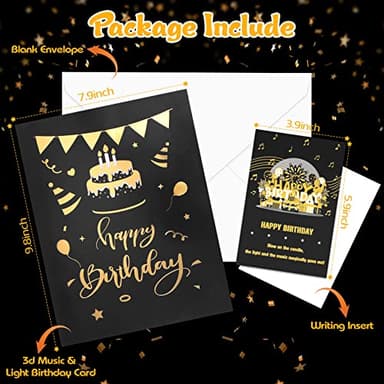 BYKOOO Birthday Card | Musical Pop Up Birthday Cards w Light | Blow Out LED Light Candle & Play Happy Birthday Music Pop Up Card | Greeting Cards Gifts for Him or Her | Black Gold (Blowable Candle) - Image 2