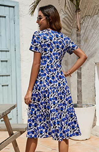 Berydress Womens Casual Summer Dresses 2025 Short Sleeve V-Neck Wedding Guest Floral Tiered Midi Dress (M, 6175-RB Flowers) - Image 2