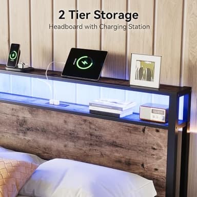 Susalt Queen Size Bed Frame with Storage Headboard, Sturdy Metal Platform Bed Frame with LED Lights and Charging Station, Easy Assembly, No Box Spring Needed, Noise Free, Rustic Brown - Image 3
