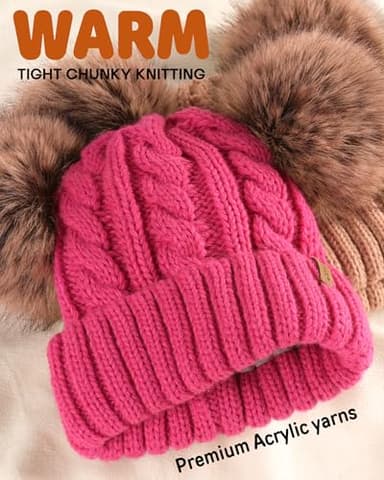 FURTALK Toddler Warm Winter Hat Kids Baby Knitted Soft Beanie with Double Faux Fur Pom Poms for Girls Boys Rose Red,2-6 Years - Image 2
