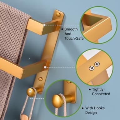 Hoooh Towel Rack for Bathroom, 16 Inch Wall Mount Double Towel Bar with Hooks, Gold Stainless Steel 2-Tiers Ladder Towel Hanger - Image 4