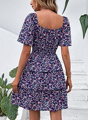 PRETTYGARDEN Women's 2025 Floral Summer Short Dress Square Neck Short Sleeve Tiered Ruffle Boho Swing Dresses (Blue Purple Floral,Medium) - Image 6