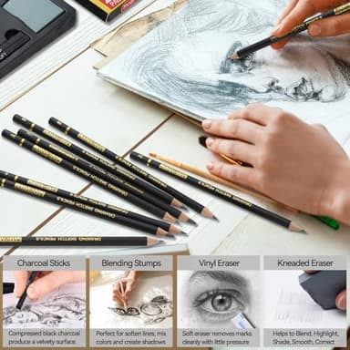 PANDAFLY 26-Piece Professional Sketch Pencil Set - Includes 4H to 14B Graphite Pencils, Charcoal Pencils, Charcoal Sticks, Vinyl Eraser, Kneaded Eraser, Sharpener, Blending Stump - Image 4