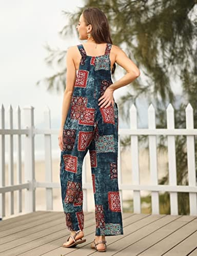 Himosyber Women's Patchwork Dual Pocket Jumpsuit Loose Floral Print Bohemian Wide Leg Bib Overall (#1TealBlue, XL) - Image 5