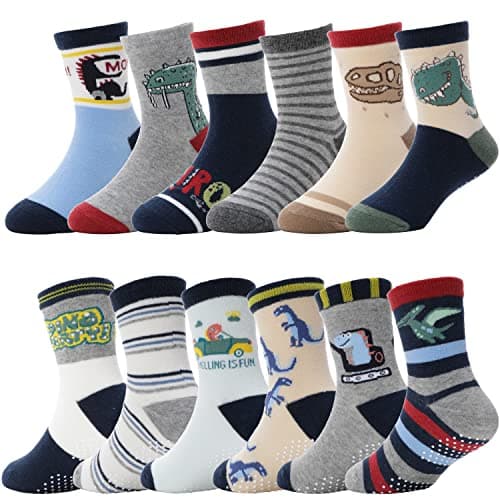 ANTSANG Baby Boys Grips Socks Kids Toddlers Infants Non Slip/Anti Skid Crew Cotton Socks 12 Pairs (Boy's-Dinosaur(12 Pairs),5-8 Y) - Image 1