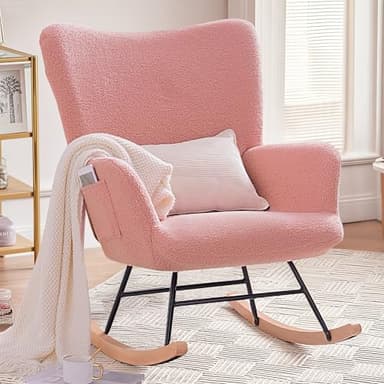 VECELO Rocking Chair Nursery Teddy Upholstered Glider Rocker with High Backrest, Padded Seat, Side Pocket, for LivingRoom, Bedroom, Baby Room - Image 1