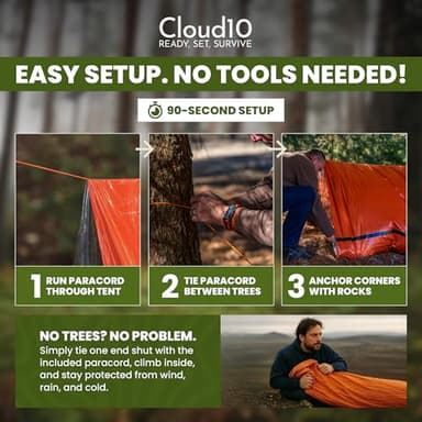CloudTen Emergency Tent: Lightweight 2 Person Survival Tent with Multi-Function Paracord Bracelets - Essential Survival Gear & Bug Out Bag Items for Preppers, Hikers, Survivalists, Campers, Boy Scouts - Image 3
