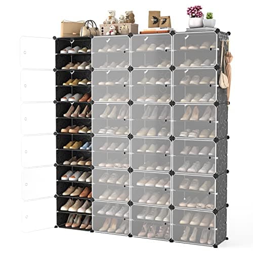 WEXCISE Portable Shoe Rack Organizer with Door, 96 Pairs Shoe Storage Cabinet Easy Assembly, Plastic Adjustable Shoe Storage Organizer Stackable Detachable Free Standing DIY Expandable 12 Tier Black - Image 1