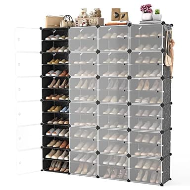 WEXCISE Portable Shoe Rack Organizer with Door, 96 Pairs Shoe Storage Cabinet Easy Assembly, Plastic Adjustable Shoe Storage Organizer Stackable Detachable Free Standing DIY Expandable 12 Tier Black - Image 1
