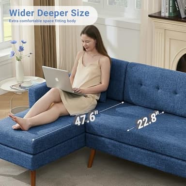 Tbfit L Shaped Couch Sofa, 80" W Mid-Century Modern Sectional Couches, 3 Seater Sofas with Wide Chaise Lounge & Two Pillows,Button Tufted Upholstered Sectional Sofa for Living Room, Bedroom, Blue - Image 6