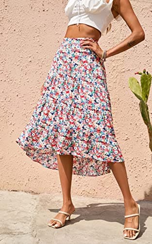 PRETTYGARDEN Ditzy Floral Skirt Midi Boho Elastic High Waist Skirt A-line Long Vintage Skirts for Women Pleated Skirt (Blue Red,X-Large) - Image 3