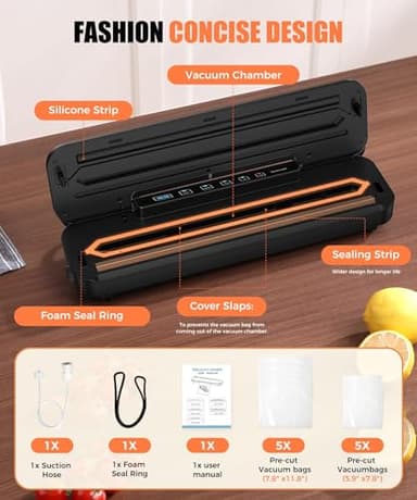 75kpa Vacuum Sealer Machine - 6-in-1 Compact Food Sealer with Digital Countdown Timer, External Sliding Blade for Freshness Storage, Black - Image 6