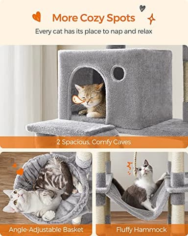Feandrea Cat Tree, 81.1-Inch Large Cat Tower with 13 Scratching Posts, 2 Perches, 2 Caves, Basket, Hammock, Pompoms, Multi-Level Plush Cat Condo for Indoor Cats, Light Gray UPCT190W01 - Image 4