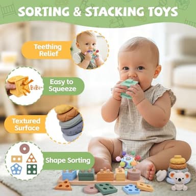 YHHYTOY 6-in-1 Montessori Baby Toys 0-6 6-12 Months, Infant Teething Toys Soft Stacking Blocks Rings Shape Sorter Sensory Fidget Spinners for Toddler 1-3, First Baby Gift Set for 6 Month Old Girl Boy - Image 4