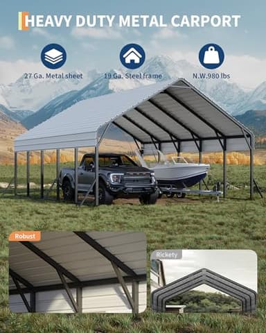 20'x25'x13' Metal Carport for 2 Cars, Extra Tall Carport, Reinforced Frame and Roof for All-Weather, Permanent Garage for Bass Boats, Full-Sized Pickup Trucks, and Tractors, N.W. 980 Lbs - Image 5