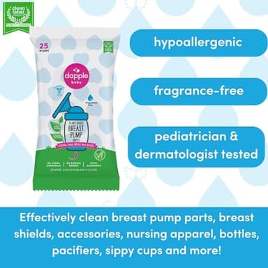 Dapple Baby Breast Pump Wipes, Powered by Plants, Hypoallergenic, Removes Milk Residue, No Rinse, Fragrance Free, 25 Count (Pack of 3) - Image 6