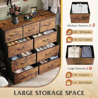 WLIVE 9-Drawer Dresser, Fabric Storage Tower for Bedroom, Hallway, Entryway, Closet, Tall Chest Organizer Unit with Fabric Bins, Steel Frame, Wood Top, Easy Pull Handle, Rustic Brown Wood Grain Print - Image 4