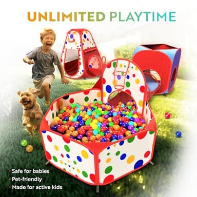 Playz 5-Piece Kids Play Tents Crawl Tunnels and Ball Pit Popup Bounce Playhouse Tent with Basketball Hoop for Indoor and Outdoor Use with Red Carrying Case - Image 7