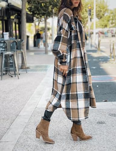 SKIKYAN Women Fall Flannel Plaid Shacket Jacket Oversized Button Down Long Shirt Jacket (Brown, Large) - Image 2