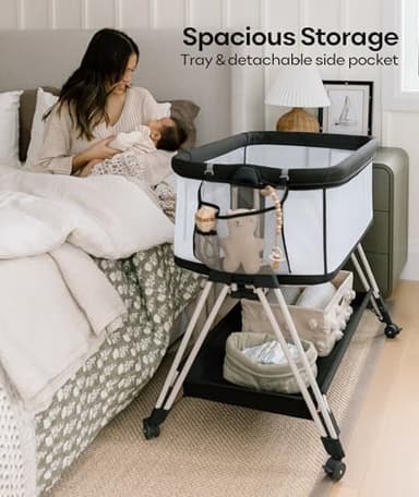 Fodoss Baby Bassinet Bedside Sleeper with Wheels and Storage Tray,4-Sided Mesh Bedside Bassinet for Infant/Newborn,7 Height Adjustable Easy Folding Bedside Crib - Image 3