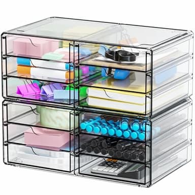 Yieach 2 Pack Acrylic Storage Drawers With 12 Small Drawer,Stackable Office Cabinet Organizer and Makeup Organizer,Clear Plastic Drawers for Craft Supply,Pen,Stationary,Accessory,Makeup,Desk Organizer - Image 6