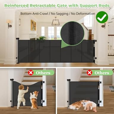 96 Inch Wide Reinforced Retractable Baby Gate with Support Rods, Extra Long Dog Gate Retractable Gate Outdoor Gates for Decks, Prevent Crawling Under Extra Long Baby Gates for Large Openings, Black - Image 2