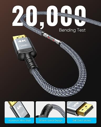 Highwings 4K DisplayPort to HDMI, Uni-Directional Only, 6.6ft DP (Source) to HDMI (Display) 1.4 Cable, 4K@30Hz, 2K@60Hz, 1080P Full HD, Braided Cord for Dell, NVIDIA, AMD, Monitor, Projector (Grey) - Image 6